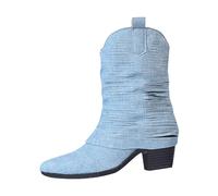 Leather Boots Womens Wide Fit Shoes Round Head Chunky Heel Boots Blue