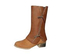 Leather Boots Womens Wide Fit Shoes Round Head Chunky Heel Boots Brown