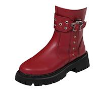Leather Boots Women's Winter Biker Boots Leather Side Zip, red, 5 UK