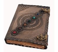 Leather Bound Journal Book of Shadows Vintage Leather Journal Deckle Edge Paper Antique Spell Book Wiccan Seven Stone Chakra Journal Unlined Lock Daily Notebook Sketchbook 10x7