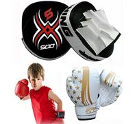 Leather Boxing Gloves and Focus Pads Set for Kids, Hook and Jab Training Pads, Curved Focus Mitts for MMA, Muay Thai, Kickboxing Coaching, Martial Arts & Punching Hand Target Striking Shield (Gold)