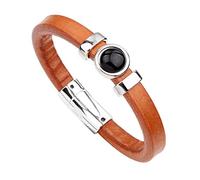 Leather Bracelet For Men, Natural Stone Bracelet For Women Black Agate Orange Handmade Gemstone Leather Wristband With Magnetic Clasp Crystal Stone Vintage Cuff Bangle Charm Jewelry Unisex