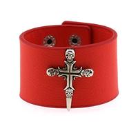 Leather Bracelet,Hand-Woven Adjustable Fashion Light Luxury Punk-Inspired Skull Cross Snaps Buckle Leather Bracelet, Energy Jewellery for Women Men Red