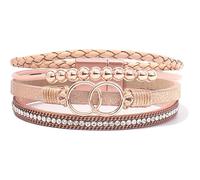 Leather Bracelet, Hand-Woven Multi-Layer Bohemian Fashion Double Ring Magnetic Clasp Diamond Leather Bracelet, Energy Jewellery for Women Champagne Gold