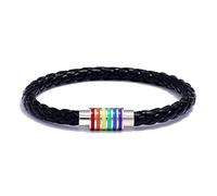 Leather Bracelet,Hand-Woven Wrapped Niche Design Fashion Magnetic Clasp Rainbow Stripe Leather Bracelet, Energy Jewellery for Women Men Black