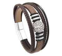 Leather Bracelet, Hand-Wovenmulti-Layer Braided Leather Bracelet with Antique Silver Tree Of Life Charm, Magnetic Clasp Wristband, Nature Inspired Jewelry for Men Retro Light Brown 19Cm