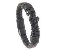 Leather Bracelet Man,Hand-Woven Punk Rock Style Magnetic Clasp Leather Bracelet with Cross Charm, Energy Jewellery for Men Black 19Cm