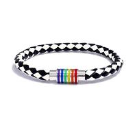 Leather Bracelet Man,Hand-Woven Wrapped Niche Design Fashion Magnetic Clasp Rainbow Stripe Leather Bracelet, Energy Jewellery for Women Men Black And White