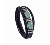 Leather Bracelet Man Natural Tiger Eye Stone Cuff Wrap Bracelet Black Multi-Layer Magnetic Clasp Rope Wristband Handmade Braided Cuff Bangle Christmas Jewelry Gifts Two Green Aventurine Stones 23Cm