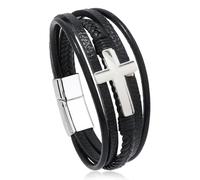 Leather Bracelets for Women,Hand-Woven Adjustable Multi-Layer Retro Punk Style Cross Accessory Magnetic Buckle Leather Bracelet, Energy Jewellery for Men Women Black And White