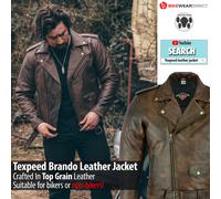 Texpeed Mens Leather Marlon Brando Motorcycle Jacket - Touring Motorbike Jacket With Genuine Biker CE Armour (EN 1621-1) Protection Brown - L