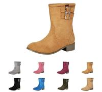 Leather Buckle Boots Women - Women Ankle Boots Low Heel - Wide Ankle Boot Pull On Shoes Low Block Heeled Booties Faux Fur Suede Shoe Mid Calf Booties Retro Classic Fit Footwear Winter Warm Shoe