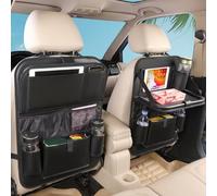 Leather Car Backseat Organizer with Tablet Holder - 9 Large Storage Pockets, Foldable Food Tray & Anti-Scratch Kick Mats - Universal Car Seat Protector for Kids, Pets & Travel Accessories 1 Pack