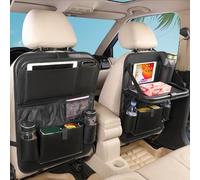 Leather Car Backseat Organizer with Tablet Holder - 9 Large Storage Pockets, Foldable Food Tray & Anti-Scratch Kick Mats - Universal Car Seat Protector for Kids, Pets & Travel Accessories 1 Pack