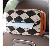Leather Car Tissue Holder Black White Checkered Pattern Wall-Mounted Multi-Functional Napkin Dispenser for Vehicle Interior with Elastic Clasps and Nylon(B)
