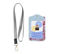 Leather Card Name Tag Vertical Id Protective Bag Cherry Blossoms Clip, Card Badge Leather Holder, Suit for Teachers, Students, and Office Crowds.