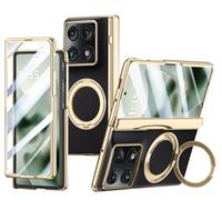 Leather Case for Motorola Razr Fold Case with Rotating Magnetic Ring Holder and Hinge Protection &Screen Protector, [Support Wireless Charging] Slim Shockproof Phone Cover for Moto Razr Fold (Black)