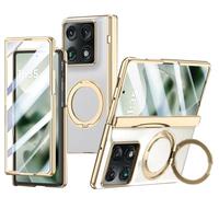 Leather Case for Motorola Razr Fold Case with Rotating Magnetic Ring Holder and Hinge Protection &Screen Protector, [Support Wireless Charging] Slim Shockproof Phone Cover for Moto Razr Fold (Beige)