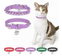 Leather Cat Collars for Boy Girl Cats with Bell and Safety Elastic Belt, Personalized Rivets Stud Adjustable Safe Buckle Collar with Skull Charm for Kitty Small Pets, Purple