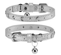 Leather Cat Collars for Boy Girl Cats with Bell and Safety Elastic Belt, Personalized Star and Moon Stud Adjustable Safe Buckle Collar for Kitty Small Big Cats Size 8-12 Inch, Silver Grey