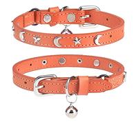 Leather Cat Collars for Boy Girl Cats with Bell and Safety Elastic Belt, Personalized Star and Moon Stud Adjustable Safe Buckle Collar for Kitty Small Big Cats Size 8-12 Inch, Orange