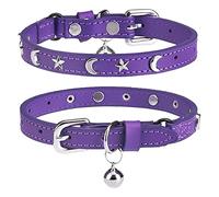Leather Cat Collars for Boy Girl Cats with Bell and Safety Elastic Belt, Personalized Star and Moon Stud Adjustable Safe Buckle Collar for Kitty Small Big Cats Size 8-12 Inch, Purple