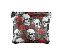 Leather Change Purse for Women, Vintage Roses Peonies Retro Square Snap Change Cash Holder Pocket Wallet, Pu Leather Change Purse for Women, White Skulls Red Roses Leaves, One Size, White Skulls Red