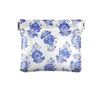 Leather Change Purse for Women, Vintage Roses Peonies Retro Square Snap Change Cash Holder Pocket Wallet, Pu Leather Change Purse for Women, Blue Floral Leaves White, One Size, Blue Floral Leaves
