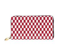 Leather Clutch Wallet For Women, Red Checkered White Squares, Rfid Blocking Long Zip Around Wallet With Coin Purse, Large Capacity Travel Organizer For Cash, Cards, Phone, Checkbook, Gift For Her
