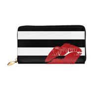 Leather Clutch Wallet For Women, Red Mouth Black White Stripes, Rfid Blocking Long Zip Around Wallet With Coin Purse, Large Capacity Travel Organizer For Cash, Cards, Phone, Checkbook, Gift For Her