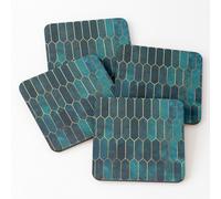 Leather Coasters Deep Teal and Blue Gold Pattern Set of 4 / 4 x 4 inch