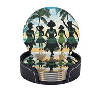 Leather Coasters for Drinks, 3.9" Drink Coasters Set of 6 with Holder for Tabletop Protection, Bar Beer Beverage Coaster Five Silhouettes of Hawaiian Dance Round Cup Mat Pad for Hot or Cold Drinks