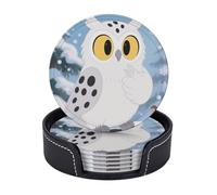 Leather Coasters for Drinks, 3.9" Drink Coasters Set of 6 with Holder for Tabletop Protection, Bar Beer Beverage Coaster Cartoon Owl Snow Round Cup Mat Pad for Hot or Cold Drinks