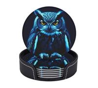 Leather Coasters for Drinks, 3.9" Drink Coasters Set of 6 with Holder for Tabletop Protection, Bar Beer Beverage Coaster Blue Owl Round Cup Mat Pad for Hot or Cold Drinks