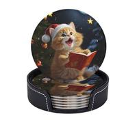 Leather Coasters for Drinks, 3.9" Drink Coasters Set of 6 with Holder for Tabletop Protection, Bar Beer Beverage Coaster Cute Cat Sing Christmas Carols Round Cup Mat Pad for Hot or Cold Drinks