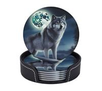 Leather Coasters for Drinks, 3.9" Drink Coasters Set of 6 with Holder for Tabletop Protection, Bar Beer Beverage Coaster Wolf Under Moon Round Cup Mat Pad for Hot or Cold Drinks