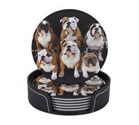 Leather Coasters for Drinks, 3.9" Drink Coasters Set of 6 with Holder for Tabletop Protection, Bar Beer Beverage Coaster English Bulldogs Round Cup Mat Pad for Hot or Cold Drinks