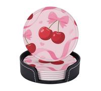 Leather Coasters for Drinks, 3.9" Set of 6 with Holder Non-Slip Bar Beer Beverage Coaster Cherry Pink Bow with Red Lips Round Cup Mat Pad for Tabletop Protection