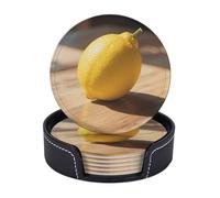 Leather Coasters for Drinks, 3.9" Set of 6 with Holder Non-Slip Bar Beer Beverage Coaster Fresh Lemon Round Cup Mat Pad for Tabletop Protection