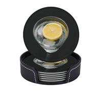 Leather Coasters for Drinks, 3.9" Set of 6 with Holder Non-Slip Bar Beer Beverage Coaster Lemon and Cup Round Cup Mat Pad for Tabletop Protection