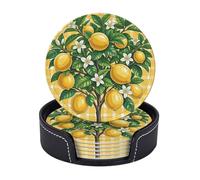 Leather Coasters for Drinks, 3.9" Set of 6 with Holder Non-Slip Bar Beer Beverage Coaster Lemon Round Cup Mat Pad for Tabletop Protection