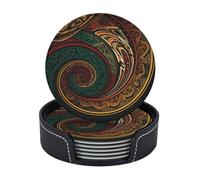 Leather Coasters for Drinks Round Drink Coasters with Holder Dark Teal HD Images Coasters Set of 6 Cup Mat Pad for Home Table Protective Mat Heat Resistant Coffee Cup 4"
