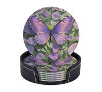 Leather Coasters set of 6 Drink Coasters With Leather Holde Beautiful Purple Butterfly Art Coaster for Drink Heat Resistant Coffee Cup Mat for Table Desk Kitchen Office