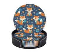 Leather Coasters set of 6 Drink Coasters With Leather Holde Cartoon Fox Pattern Coaster for Drink Heat Resistant Coffee Cup Mat for Table Desk Kitchen Office
