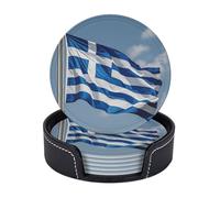Leather Coasters set of 6 Drink Coasters With Leather Holde greek flag Coaster for Drink Heat Resistant Coffee Cup Mat for Table Desk Kitchen Office