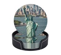 Leather Coasters set of 6 Drink Coasters With Leather Holde Statue of Liberty in NYC Coaster for Drink Heat Resistant Coffee Cup Mat for Table Desk Kitchen Office