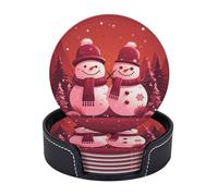 Leather Coasters set of 6 Drink Coasters With Leather Holde Two Snowmen Together Coaster for Drink Heat Resistant Coffee Cup Mat for Table Desk Kitchen Office
