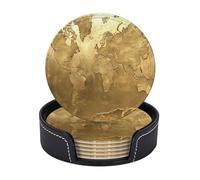 Leather Coasters Set of 6 with Holder, Round Coaster Gold World Map Table Coasters, Coasters for Coffee Table Non-Slip Coffee Table Decor for Birthday Housewarming Kitchen Bar