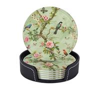 Leather Coasters Set of 6 with Holder, Round Coaster Green Chinoiserie Birds Drink Cup Mat, Drink Coasters for Coffee Table Anti Slip Hot Drink Coaster for Birthday Housewarming Kitchen Bar