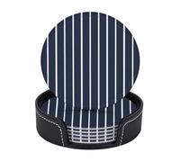 Leather Coasters Set of 6 with Holder, Round Coaster Navy Blue White Stripes Table Coasters, Drink Coasters for Table Protection Non-Slip Bar Drink Coaster for Coffee Table Bar Tabletop Protection